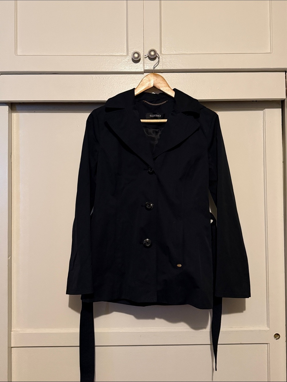 Ellen Tracy Black Trench Coat with Waist Tie
